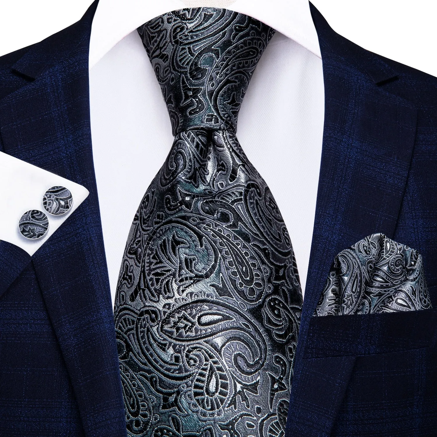 3 Piece 8.5cm Business Black Solid Paisley 100% Silk Men's Tie Neck Strip Tie Formal Luxury Wedding Neckties Set