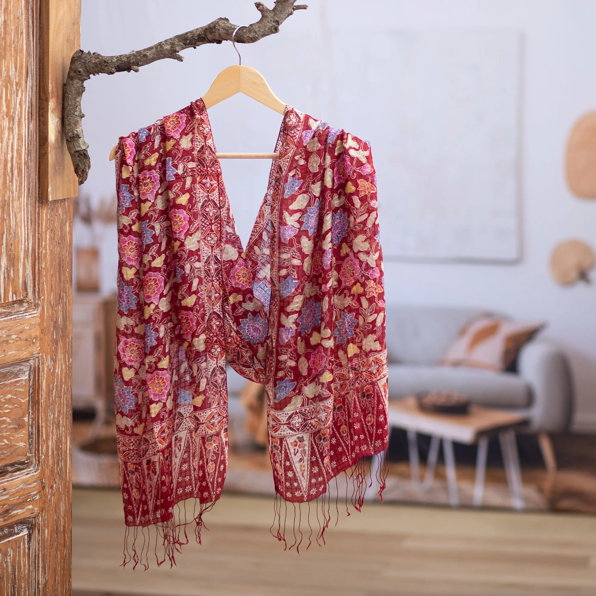 Artisan Crafted Batik Silk Shawl Wrap - Wine Garden | NOVICA