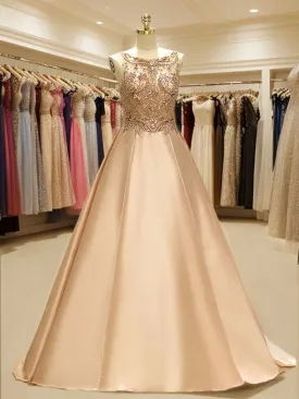 Ball-Gown Bateau Beading Sweep Train Satin Dress