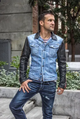 BROOKLYN RD Jean & Leather Jacket light Blue Denim & Black Quilted Leather Sleeves