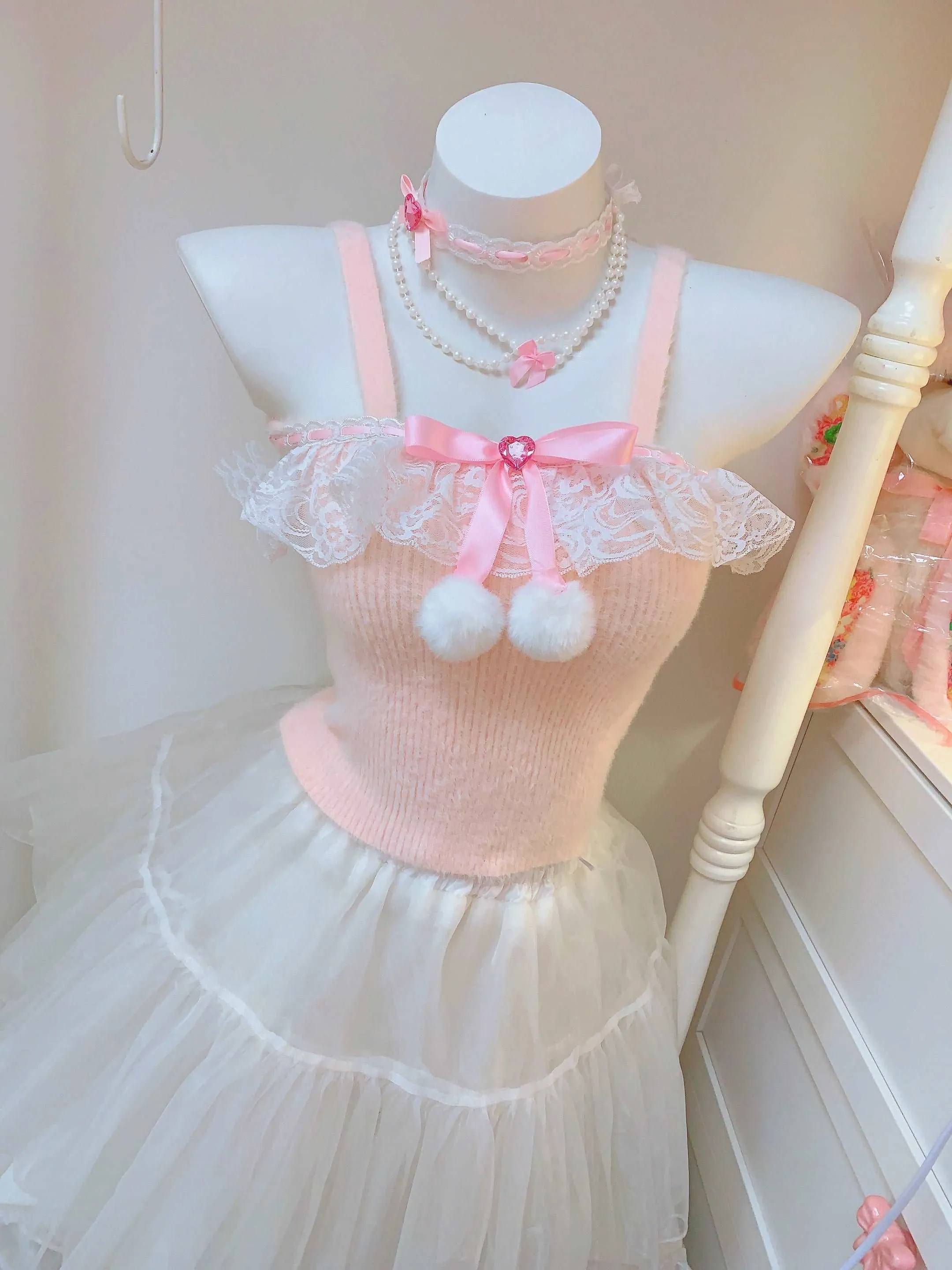 Candy Fairy Winter Sweet Knit Pink White Black Lace Pompom Balls Camisole Top