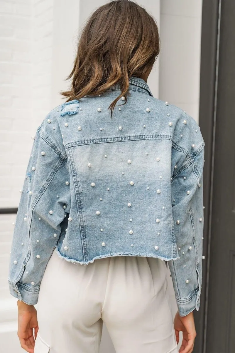 Cropped Beaded Pearls Denim Jacket