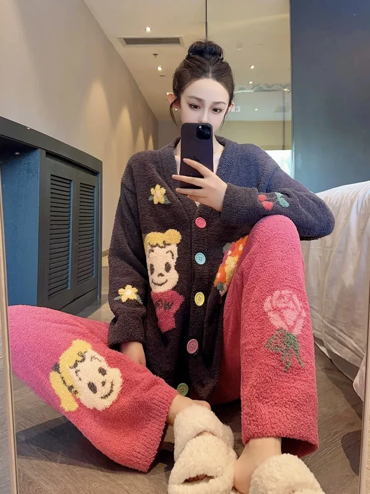 Cute Coral Velvet Pajamas  Women's Fleece Flannel Loungewear Set