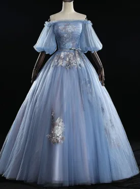 Discover The Latest Gray Blue Ball Gown Tulle Puff Sleeve Appliques Quinceanera Dress