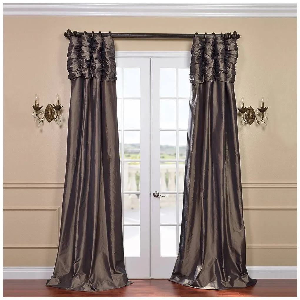 Exclusive Fabrics u0026 Furnishing Ruched Faux Silk Taffeta Curtain Panel 84-in 50-in, Brown