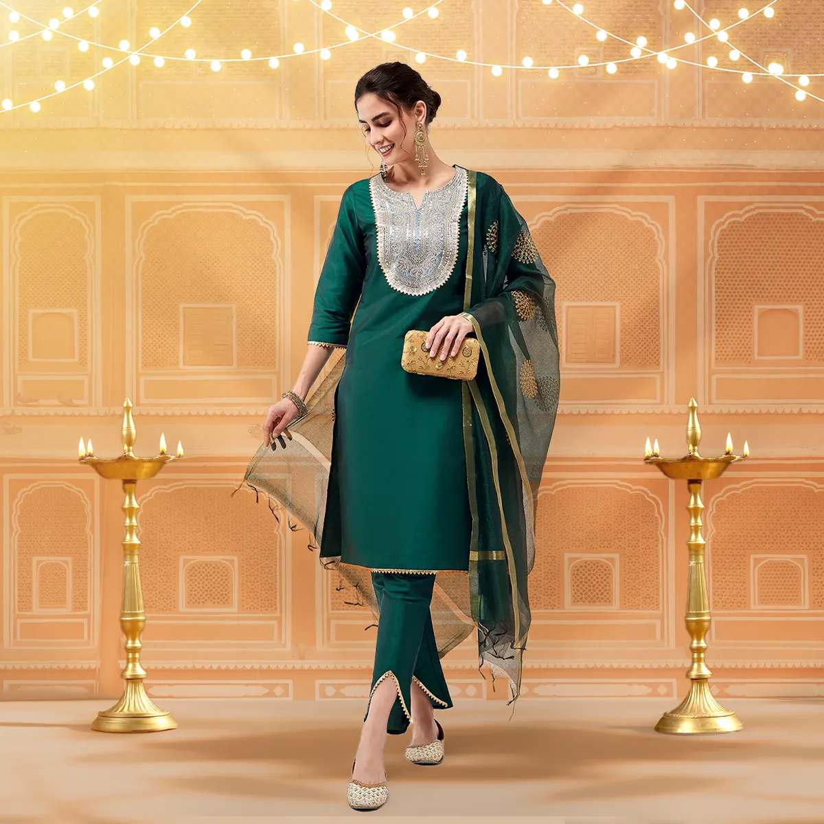 Festive Solid Lace Yoke Kurta With Matching Dupatta And Pant Set