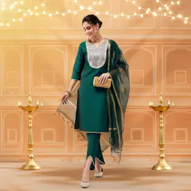 Festive Solid Lace Yoke Kurta With Matching Dupatta And Pant Set