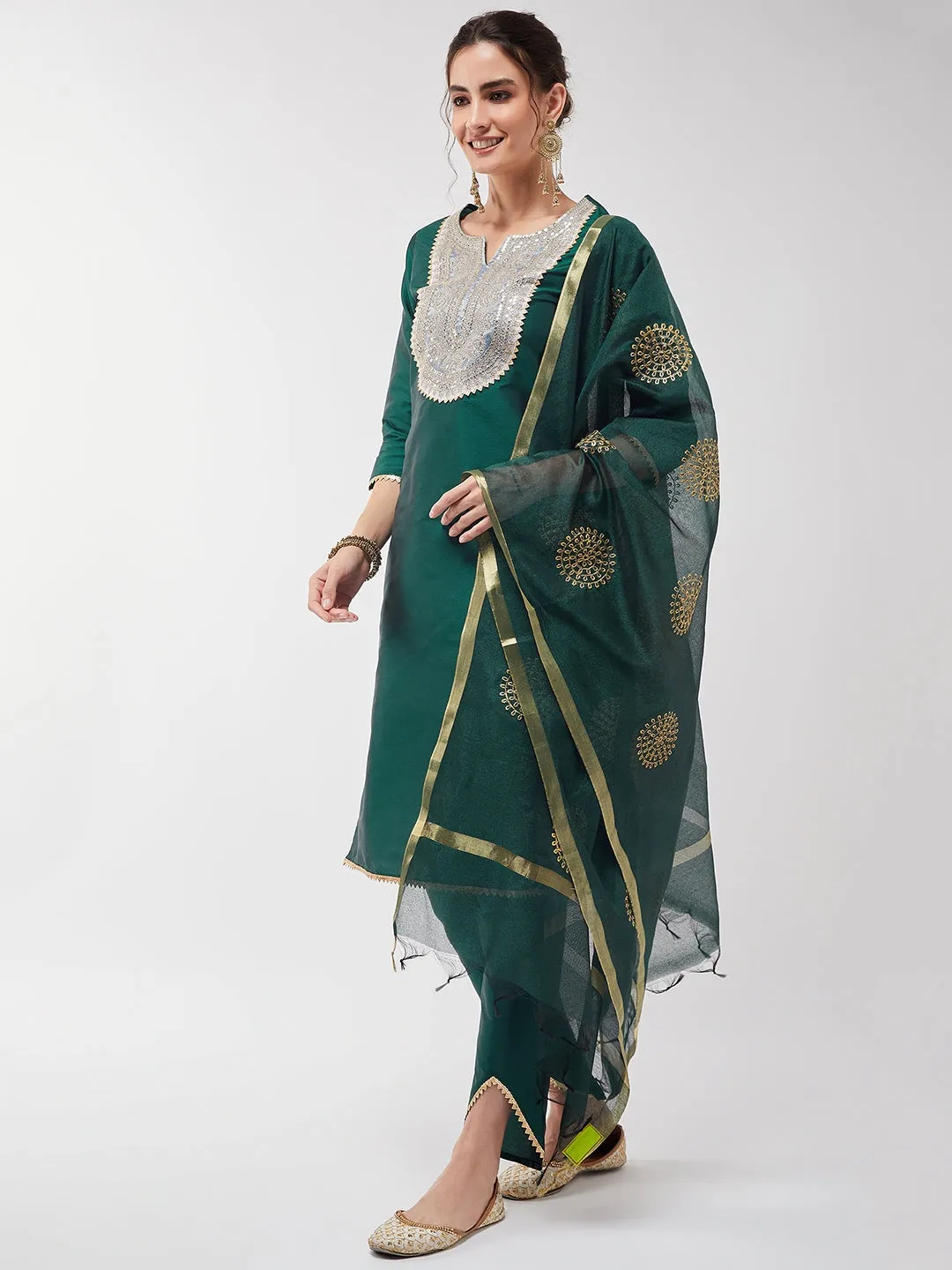 Festive Solid Lace Yoke Kurta With Matching Dupatta And Pant Set