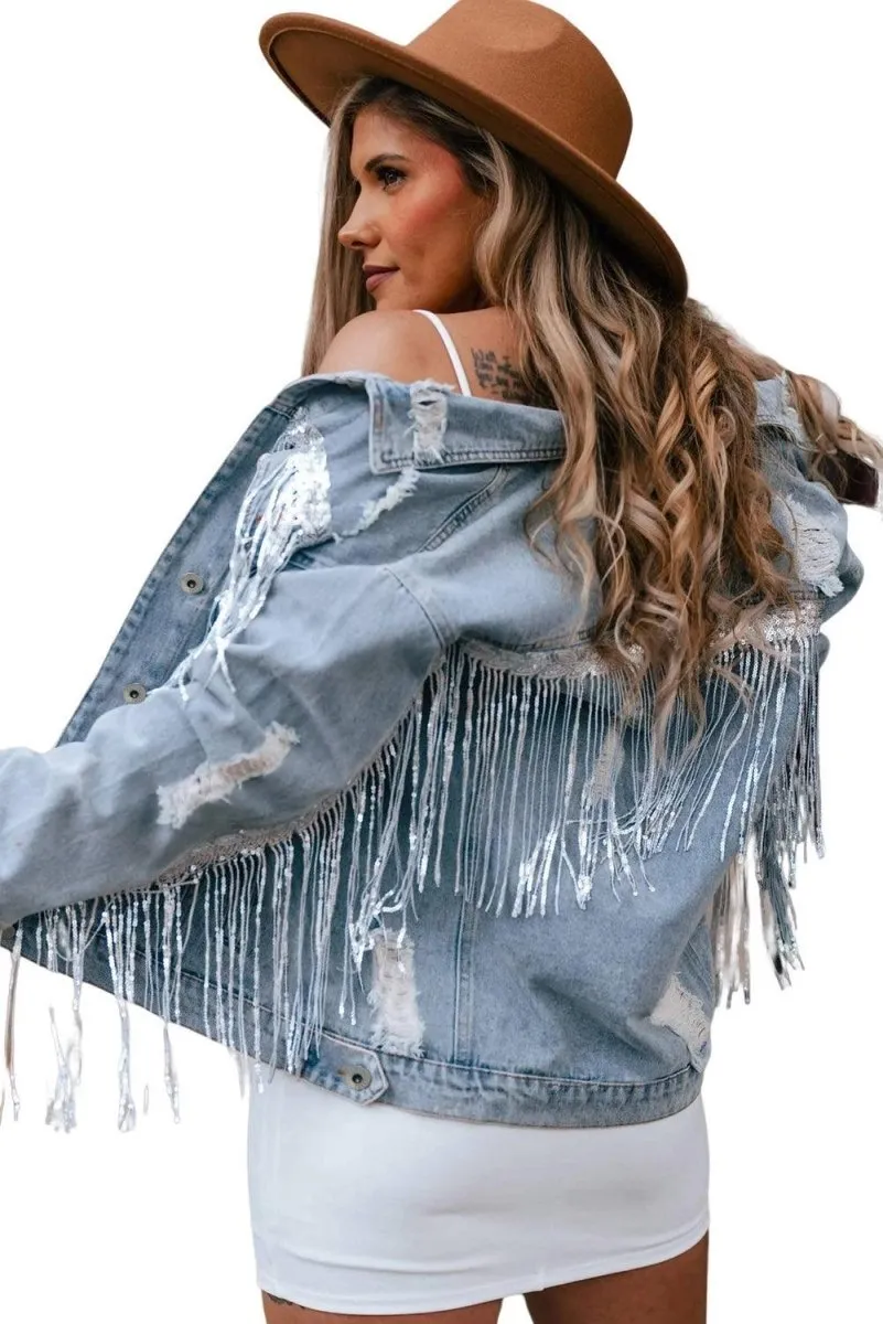 Fringy Sparkle Sequin Distressed Denim Jacket