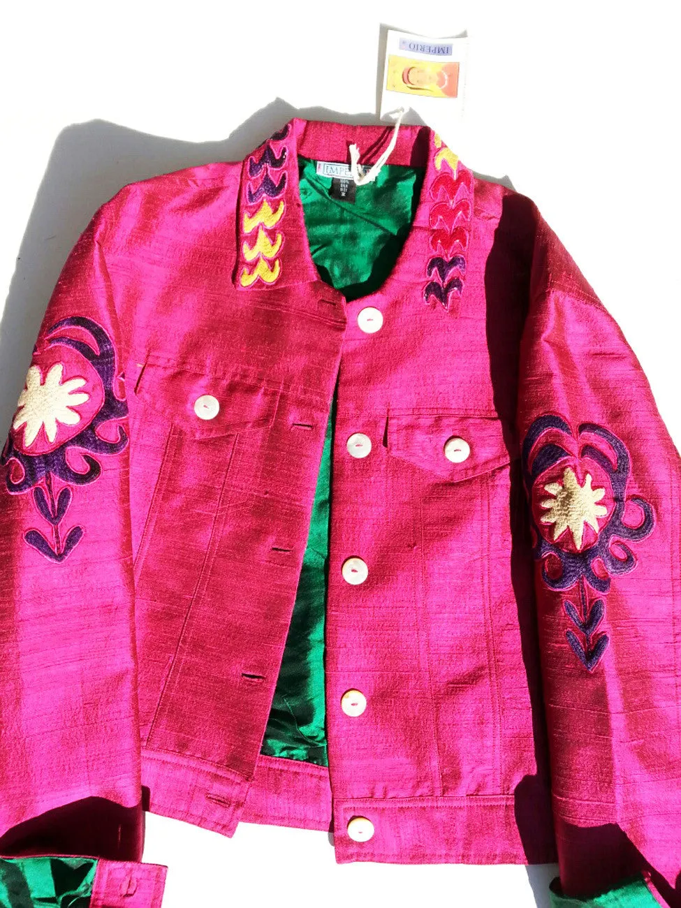 Jean Jacket Vintage Suzani Embroidery Raspberry Emerald