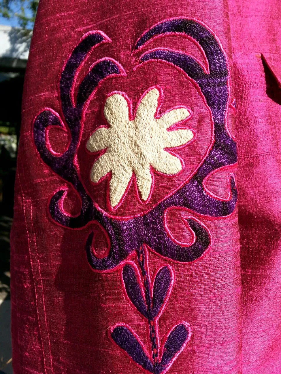 Jean Jacket Vintage Suzani Embroidery Raspberry Emerald