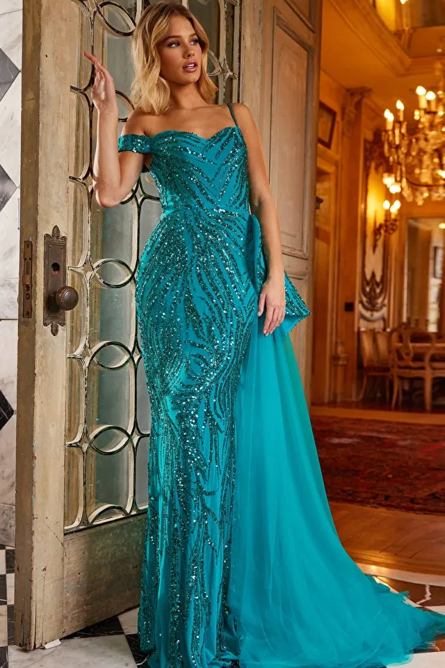 JOVANI - 23777 - PEACOCK BEADED SHEATH EVENING DRESS