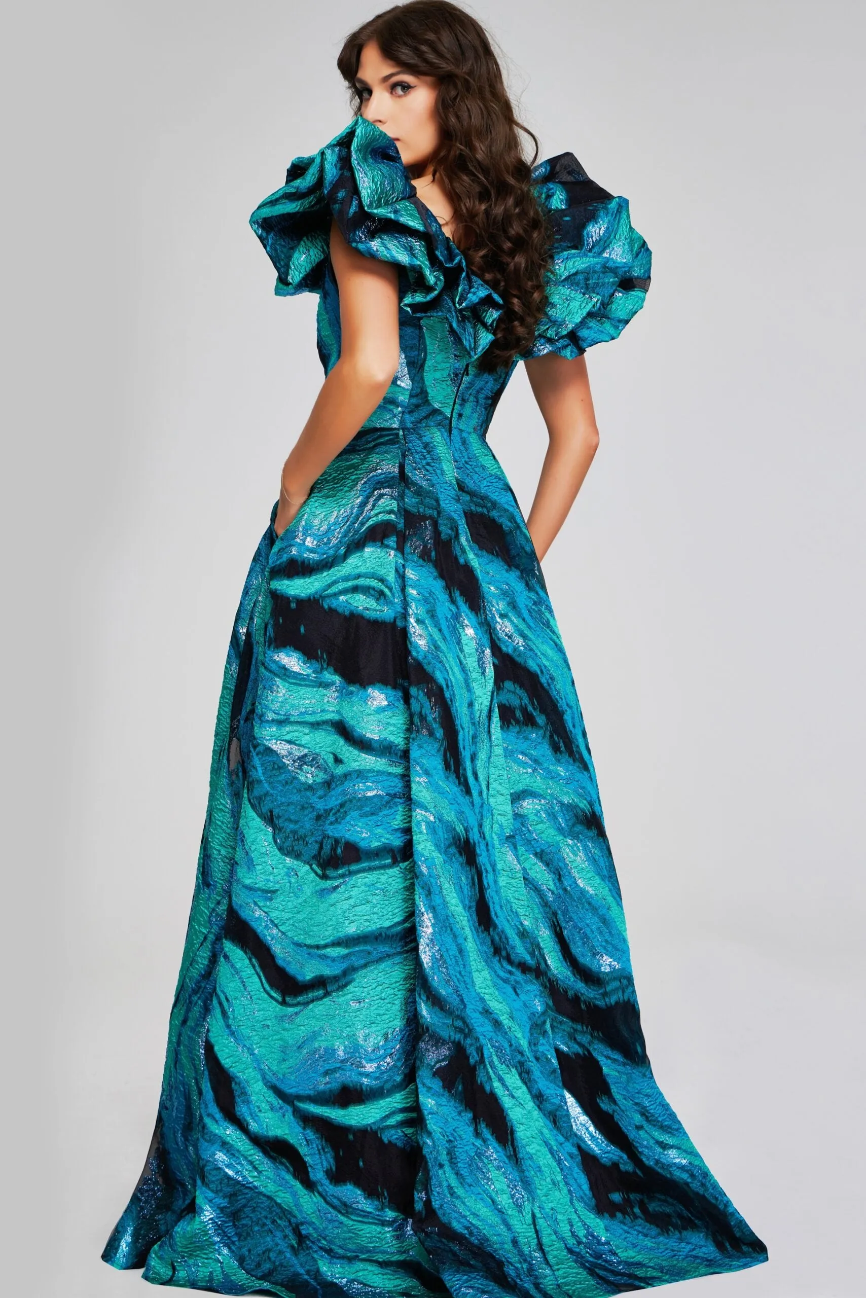 Jovani - 40696 - Ruffled Cap Sleeve Gown in Teal Multi