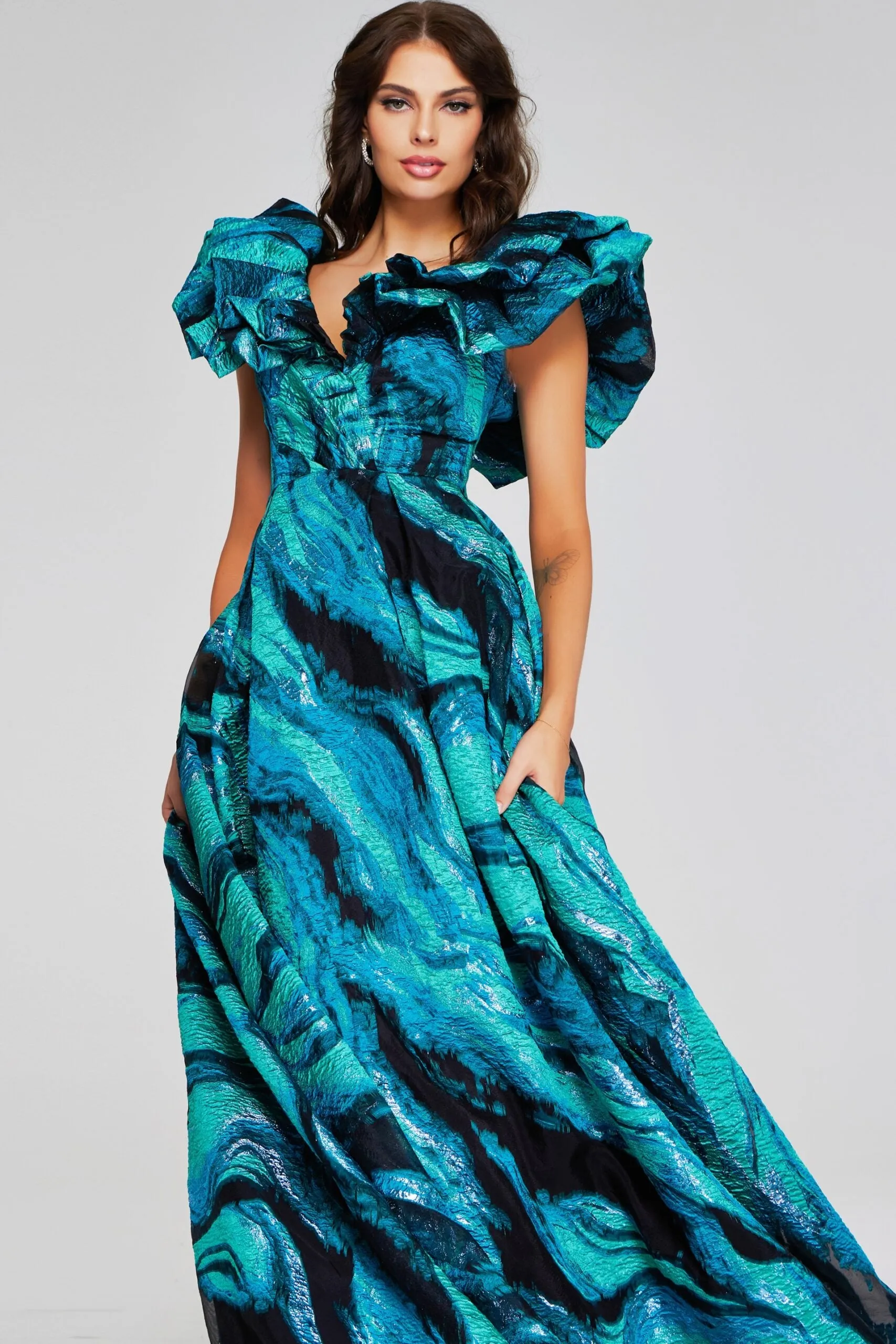 Jovani - 40696 - Ruffled Cap Sleeve Gown in Teal Multi