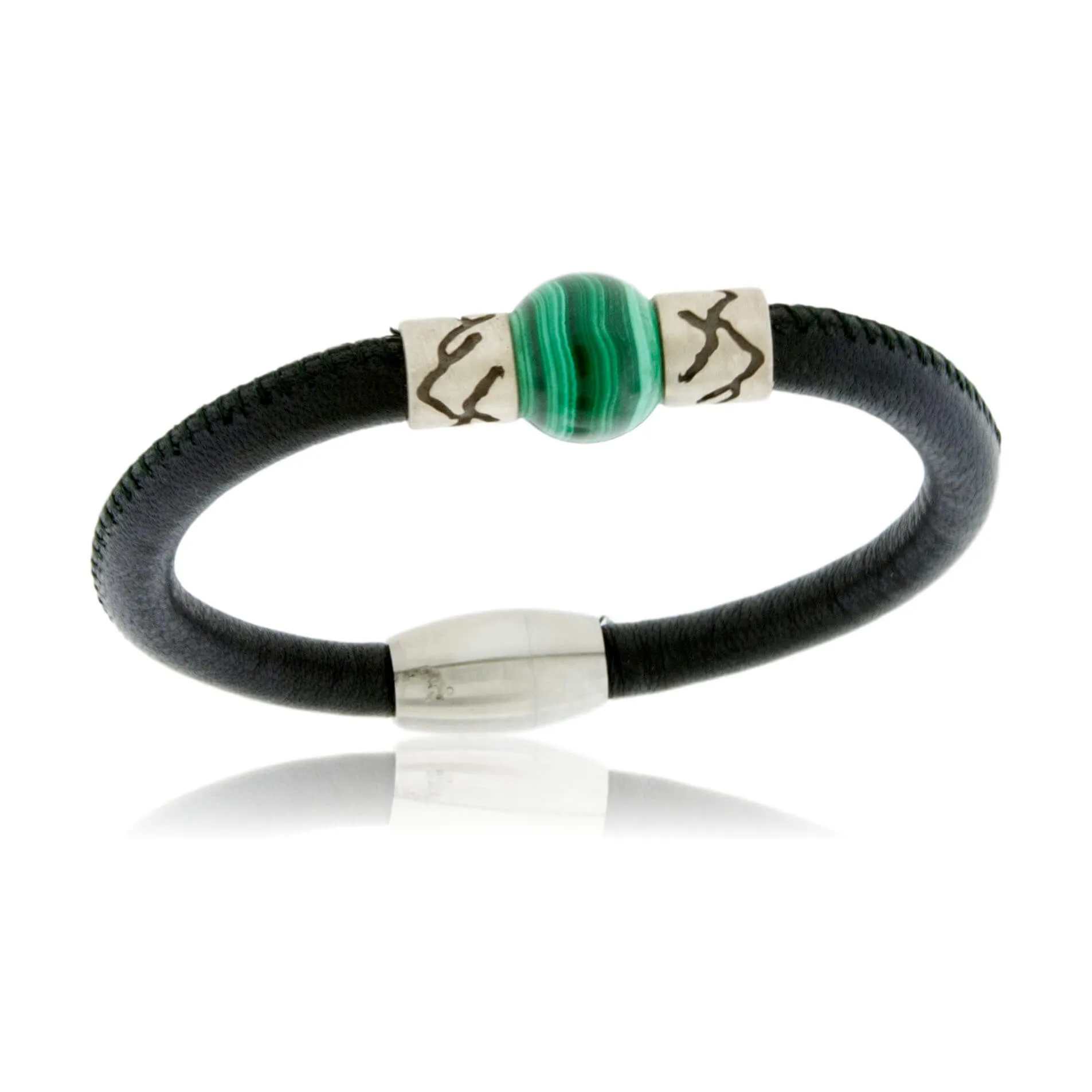 Malachite & Mountain Bead on Woven Leather Sterling Silver Bracelet