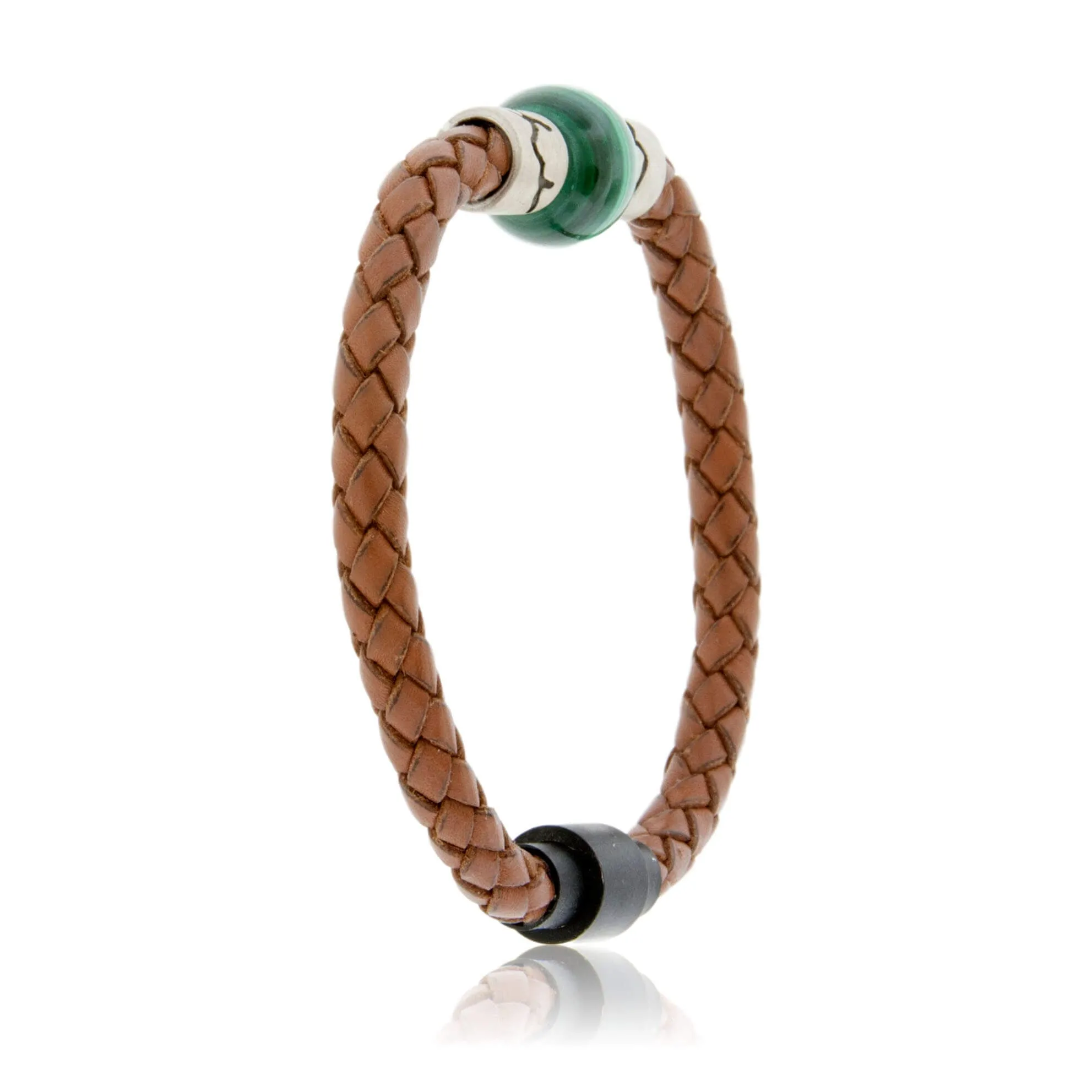 Malachite & Mountain Bead on Woven Leather Sterling Silver Bracelet