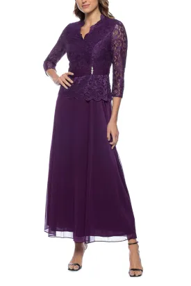 Marina 3/4 Sleeve Surplice V-Neck Lace Bodice Chiffon Long Dress