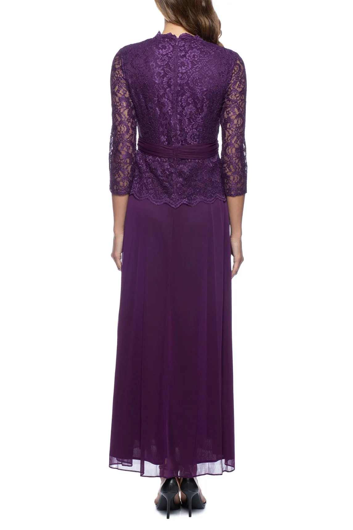 Marina 3/4 Sleeve Surplice V-Neck Lace Bodice Chiffon Long Dress