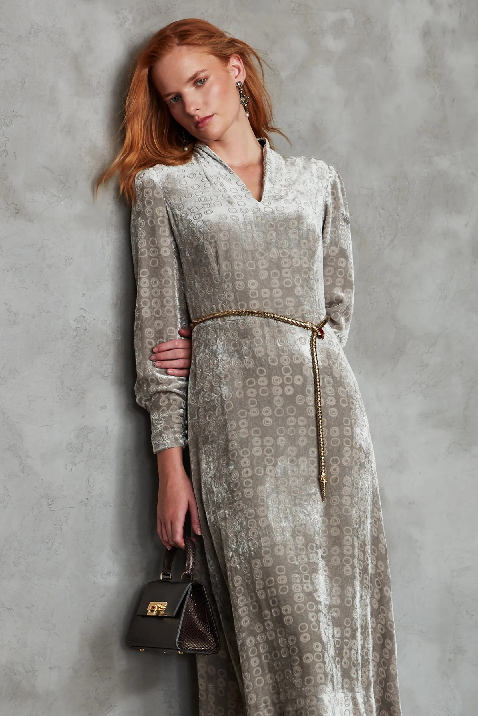 Midi Flared Dress in Grey Devoré Velvet - Sophie