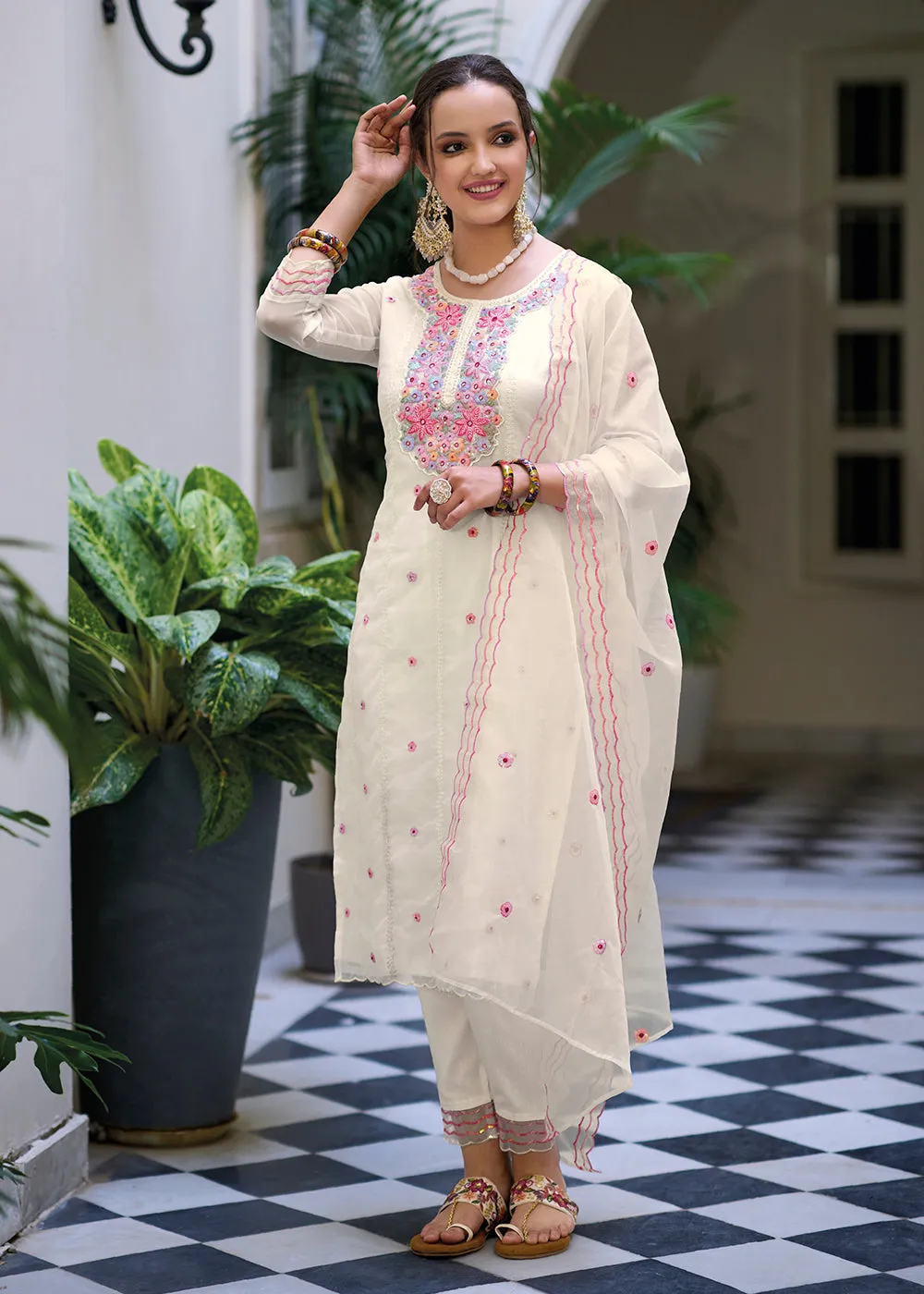 Off White Color Embroidered Organza Pant Style Salwar Suit