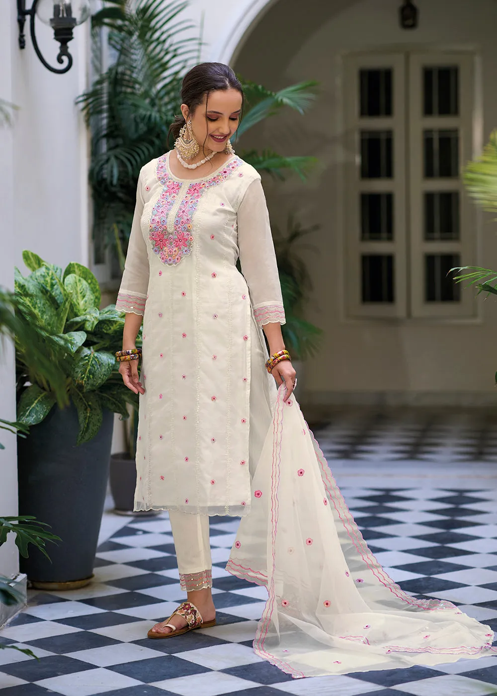 Off White Color Embroidered Organza Pant Style Salwar Suit