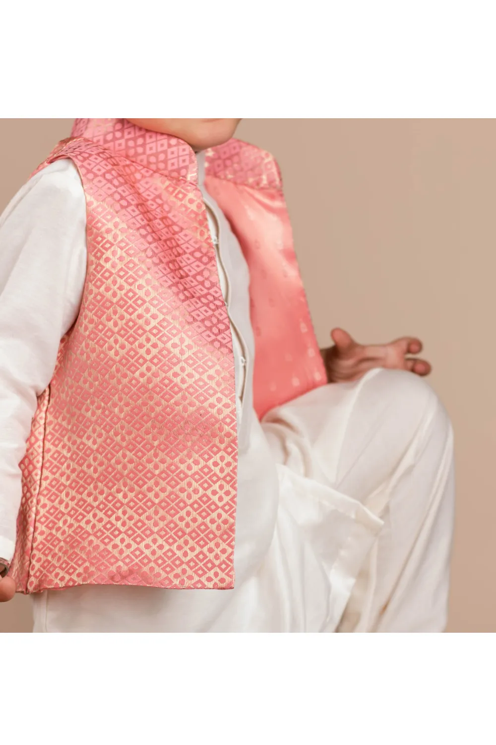 Off-White Cotton Silk Kurta And Churidar With Pink Brocade Jacket Set