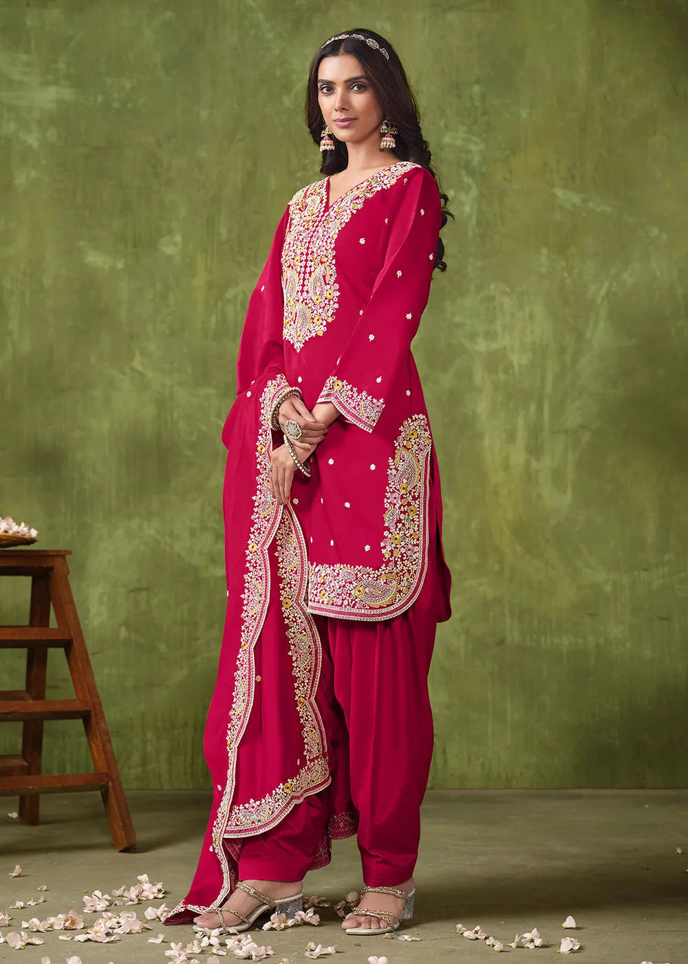 Patiala Style Rani Pink Chanderi Silk Punjabi Salwar Suit