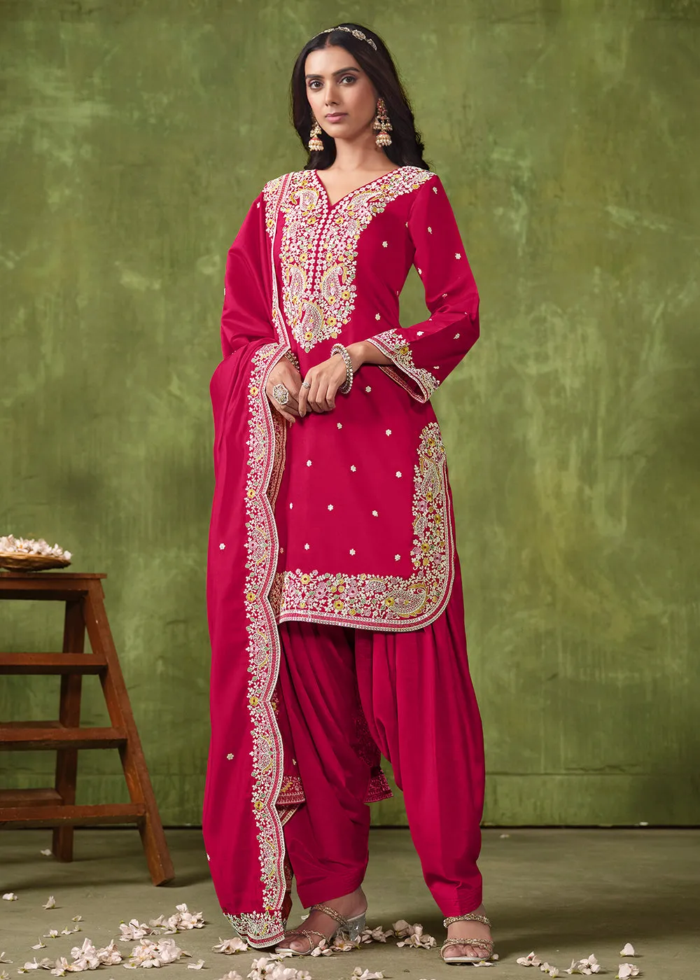 Patiala Style Rani Pink Chanderi Silk Punjabi Salwar Suit