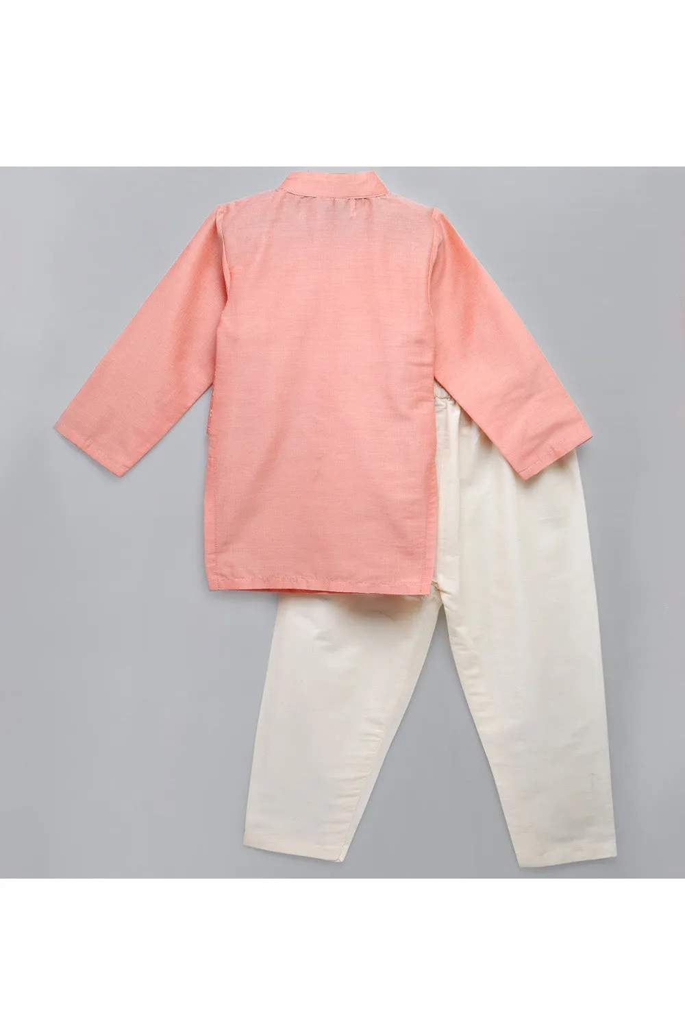 Peach Cotton Silk kurta With Attached Jacket Pyjama Set