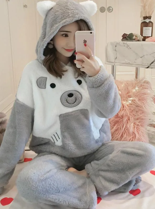 PINK AND WHITE BEAR LONG SLEEVE WOMEN VELVET SUIT