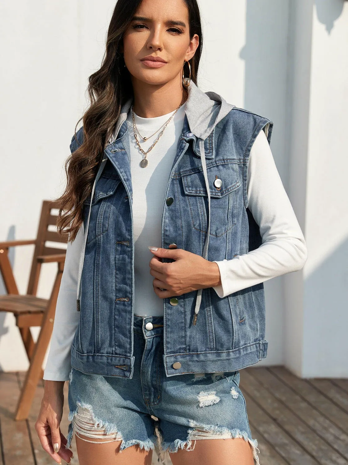 Pocketed Button Up Hooded Sleeveless Denim Jacket