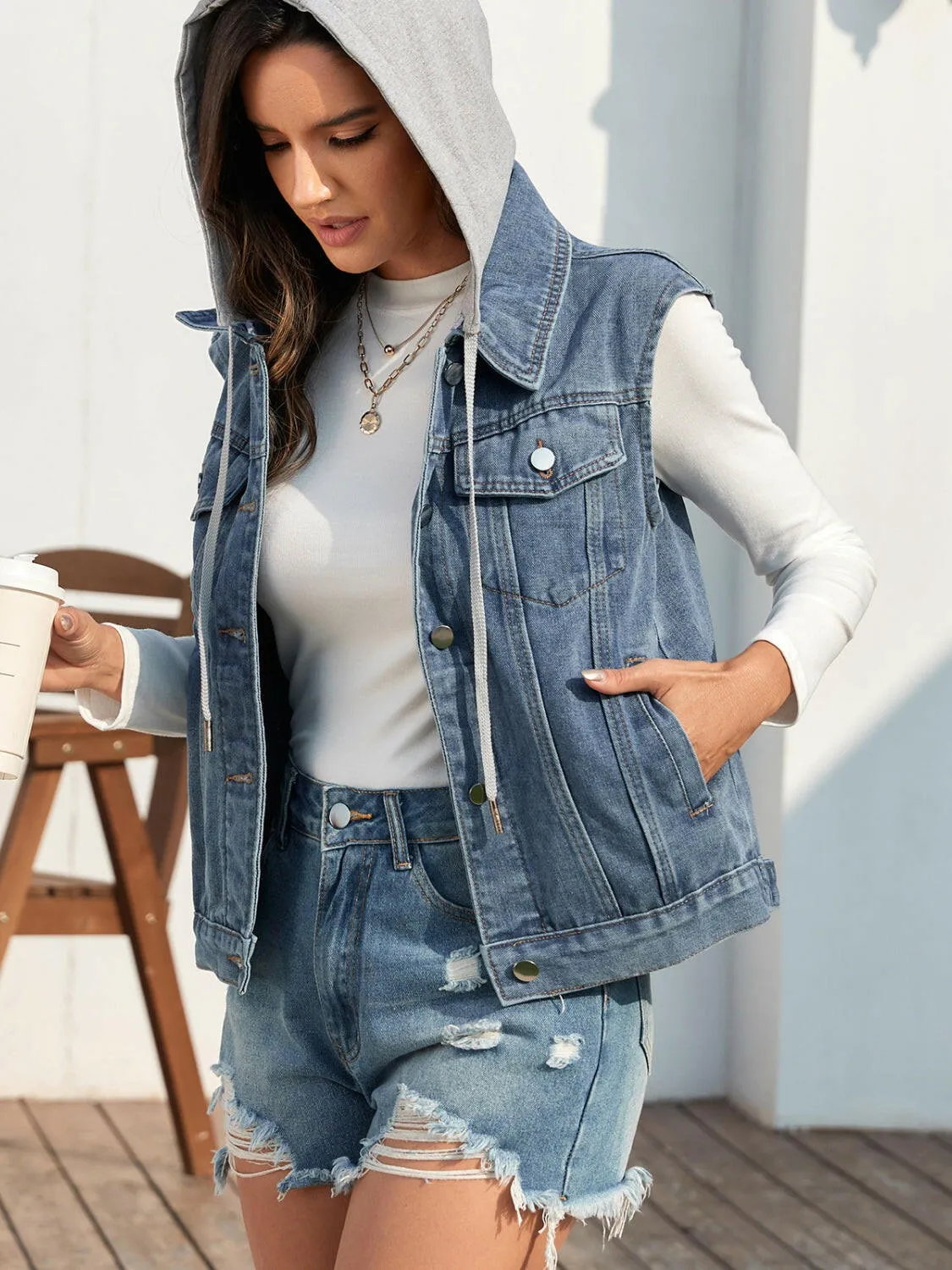 Pocketed Button Up Hooded Sleeveless Denim Jacket