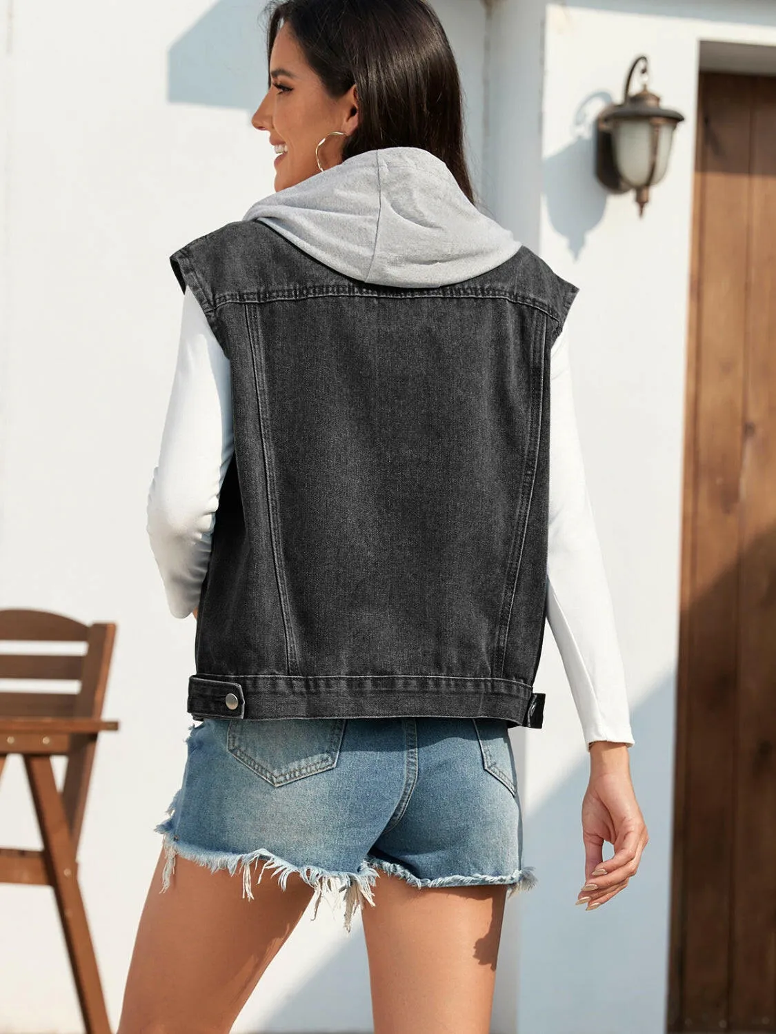 Pocketed Button Up Hooded Sleeveless Denim Jacket