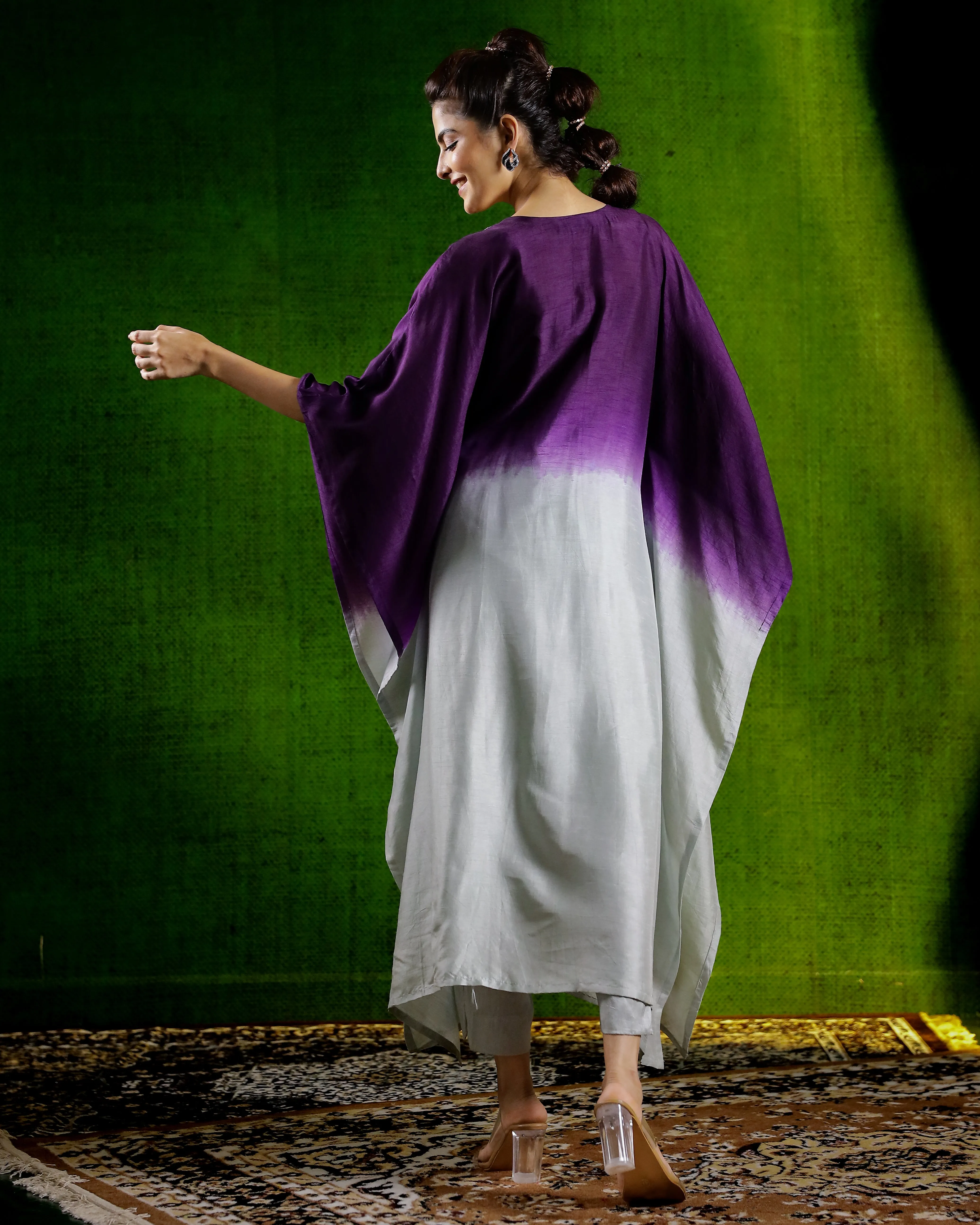 Purple Embellished Raw Silk Kaftan Set