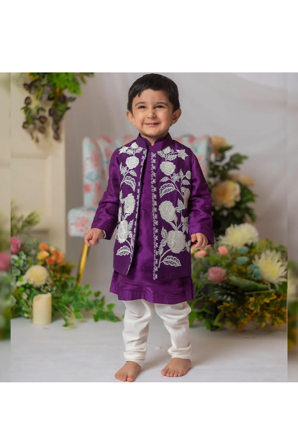 Purple Silk Kurta With Floral Embroidered Jacket Set