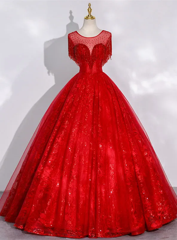 Red Ball Gown Tulle Beading Backless Quinceanera Dress