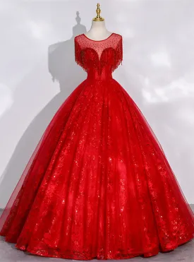 Red Ball Gown Tulle Beading Backless Quinceanera Dress