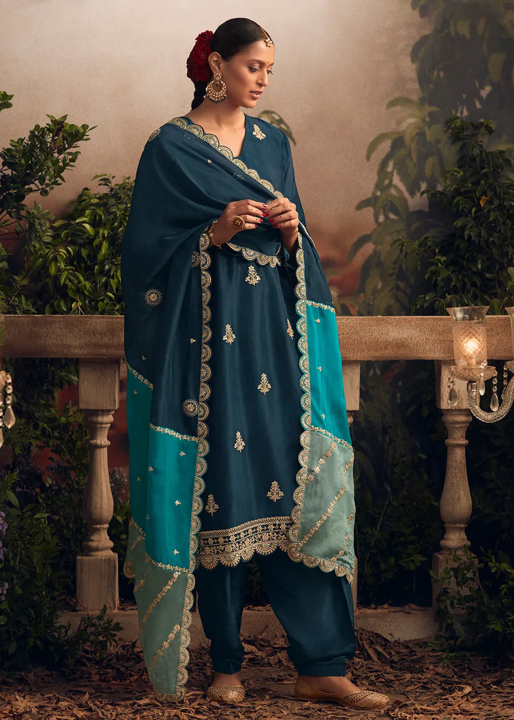 Silk Modale Teal Blue Embroidered Festive Salwar Suit