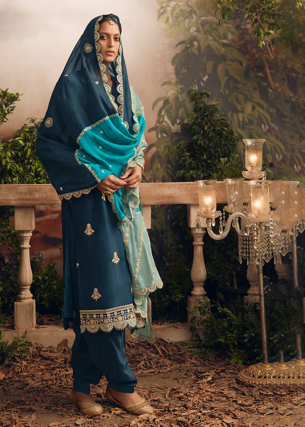 Silk Modale Teal Blue Embroidered Festive Salwar Suit