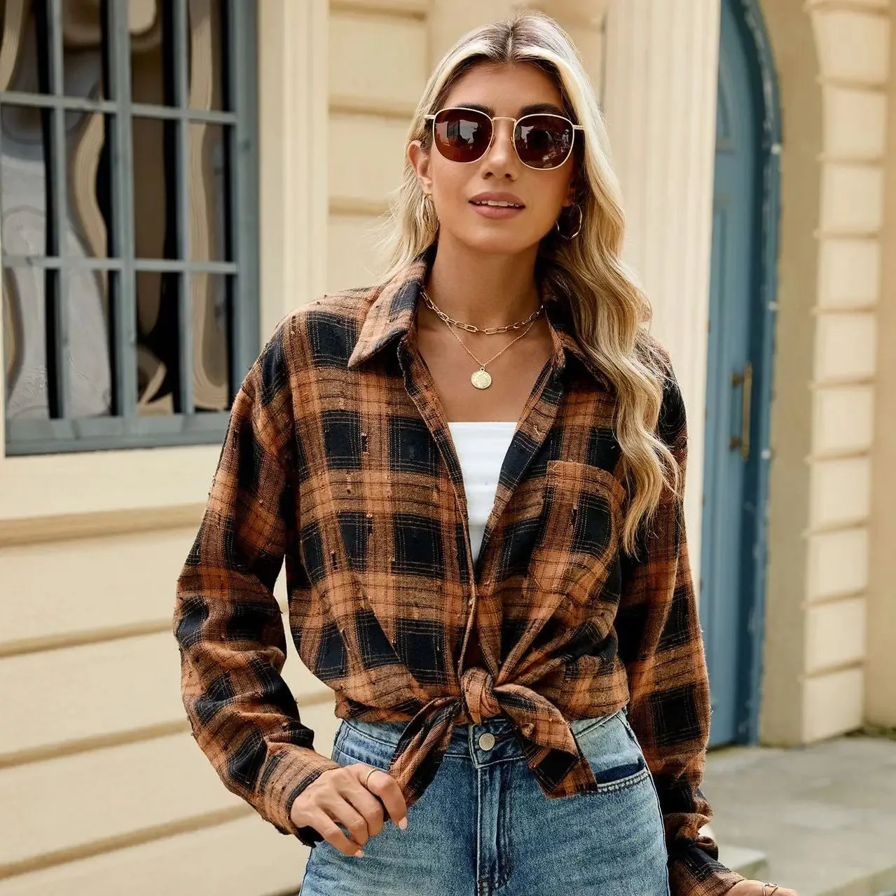 Vintage Crochet Loose Lapel Plaid Shirt