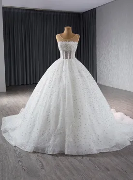 White Ball Gown See Though Neck Tulle Sequins Pearls Wedding Dress