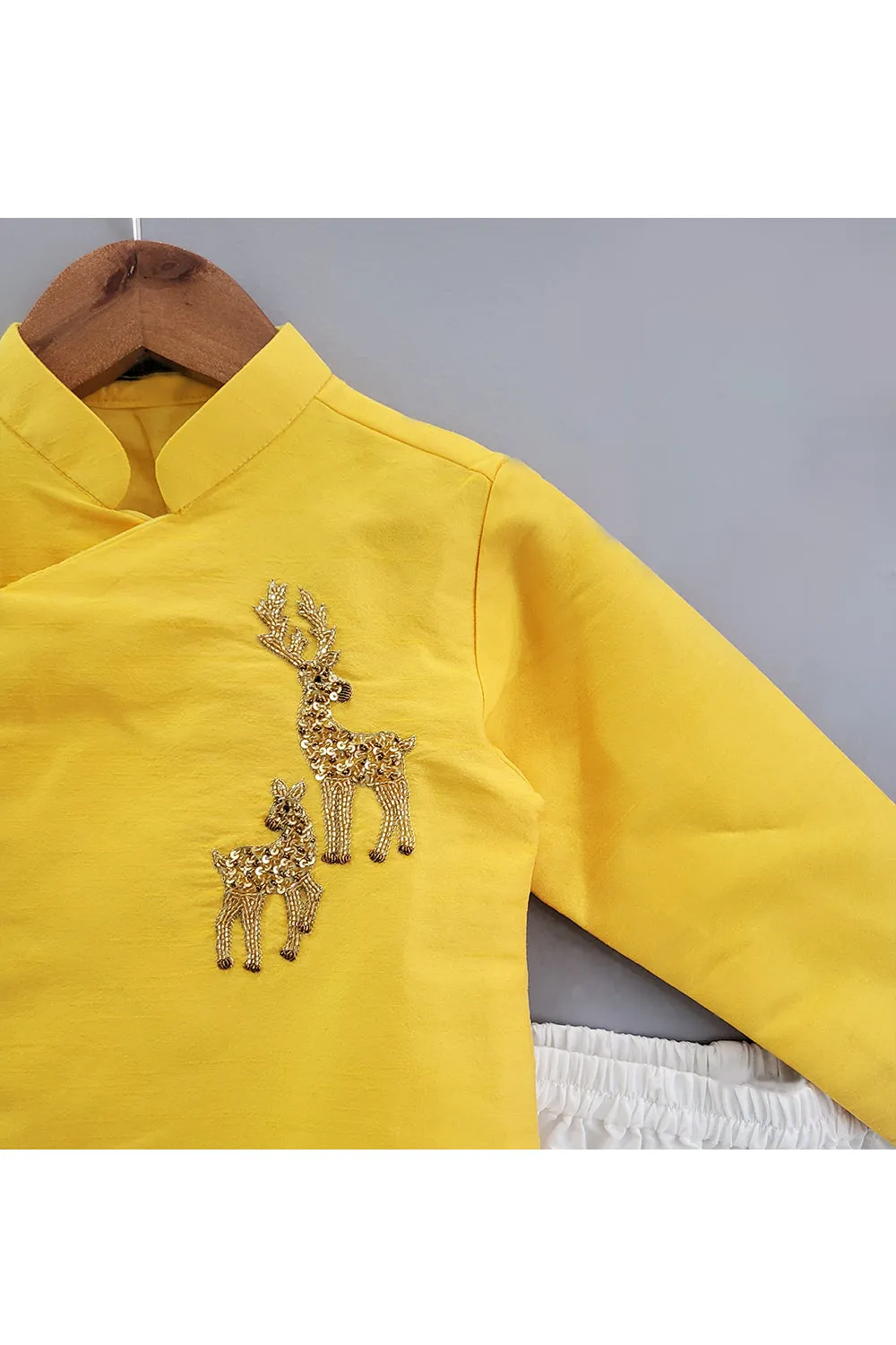 Yellow Deer Embroidered Motif Work Kurta With Dhoti Set